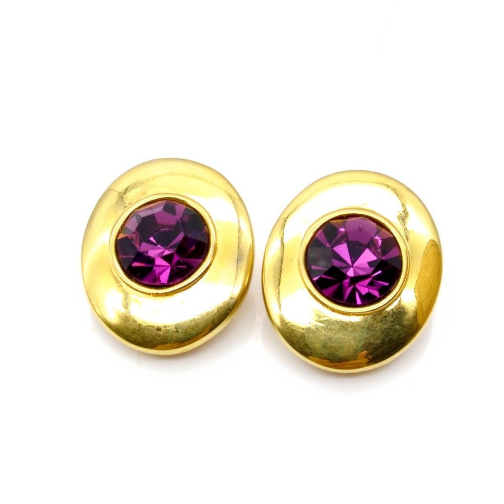 Vintage Swarovski Chaton Crystal Earrings, Brilliant Purple Crystal in Gold Tone
